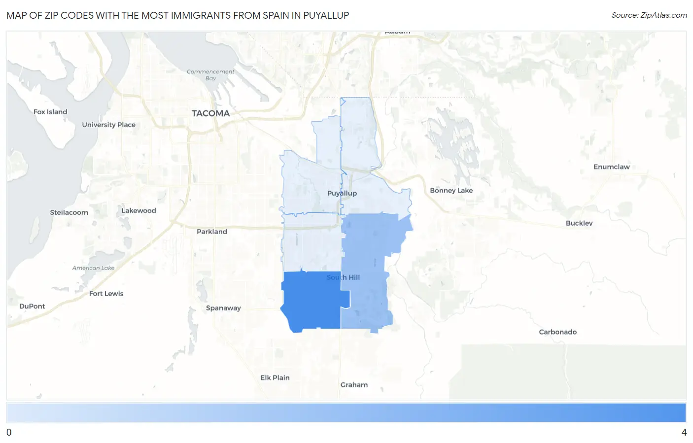 Zip Codes with the Most Immigrants from Spain in Puyallup Map