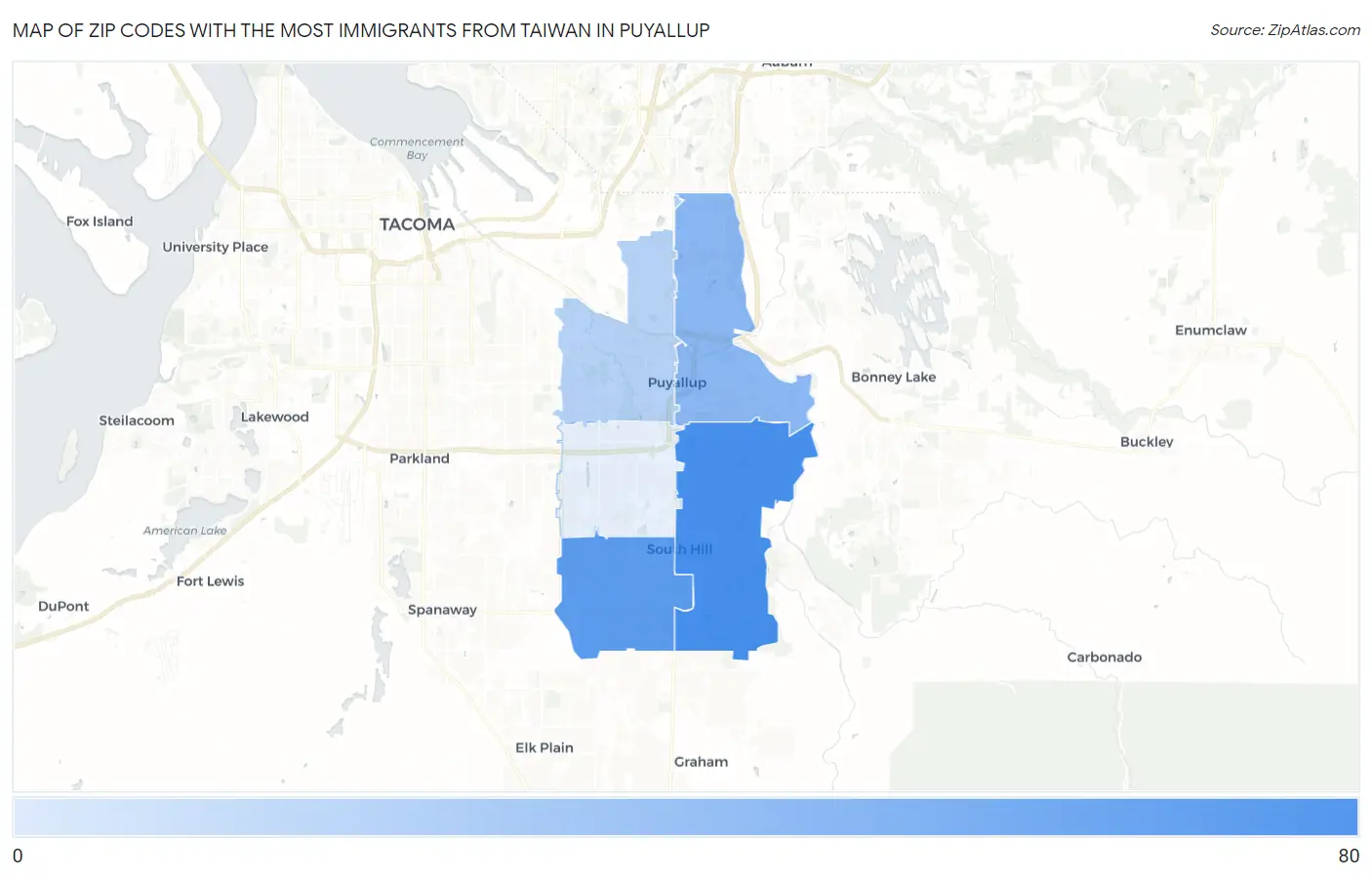 Zip Codes with the Most Immigrants from Taiwan in Puyallup Map