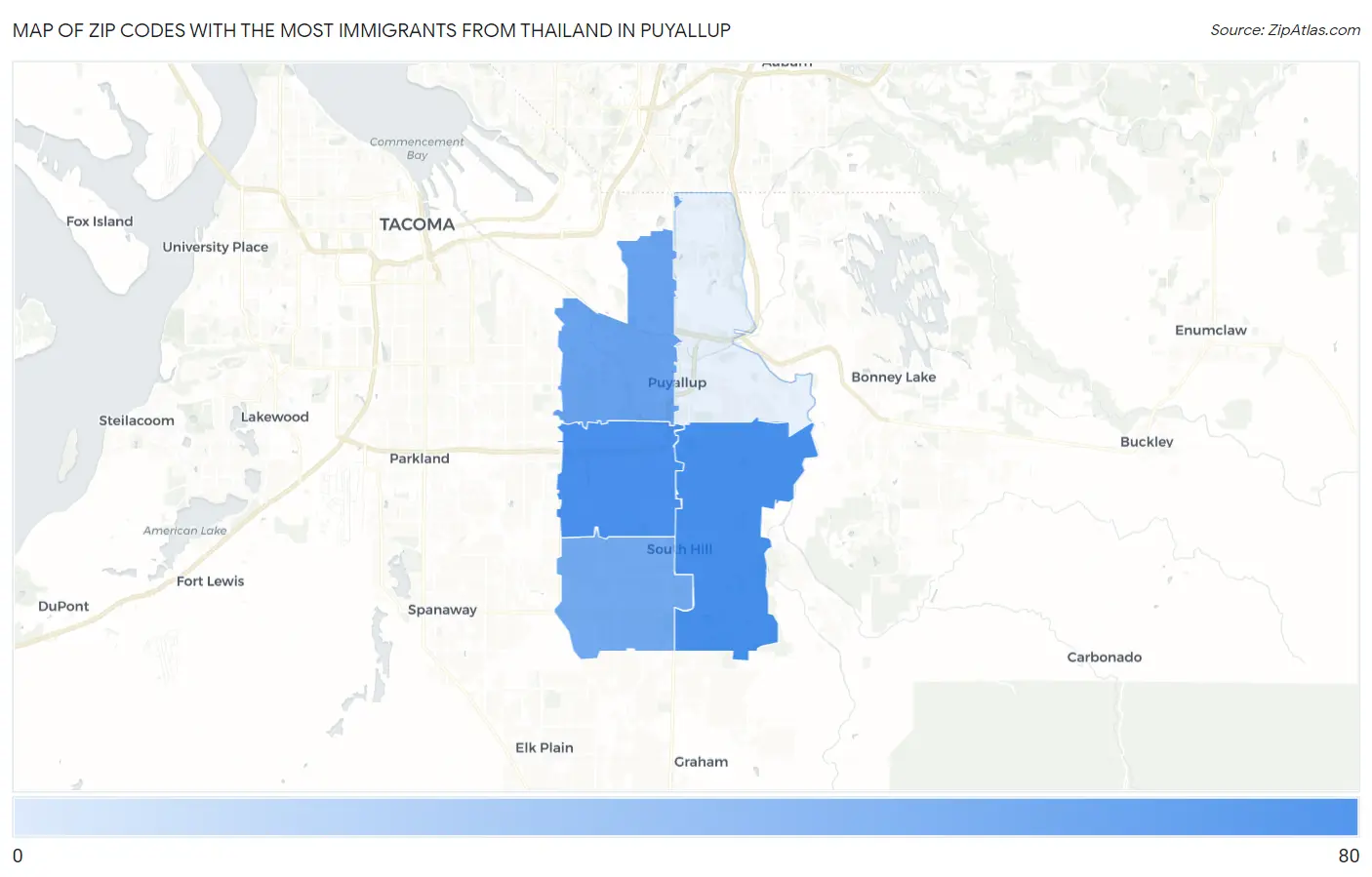 Zip Codes with the Most Immigrants from Thailand in Puyallup Map
