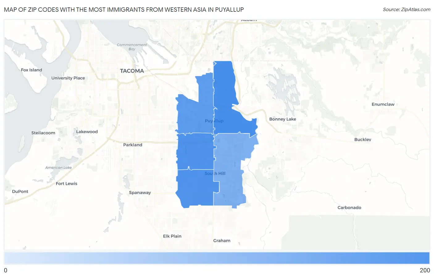 Zip Codes with the Most Immigrants from Western Asia in Puyallup Map