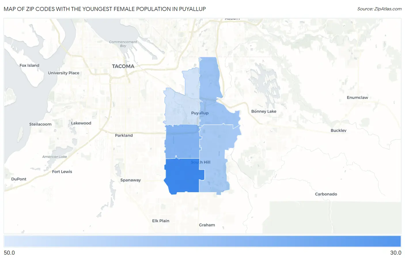 Zip Codes with the Youngest Female Population in Puyallup Map