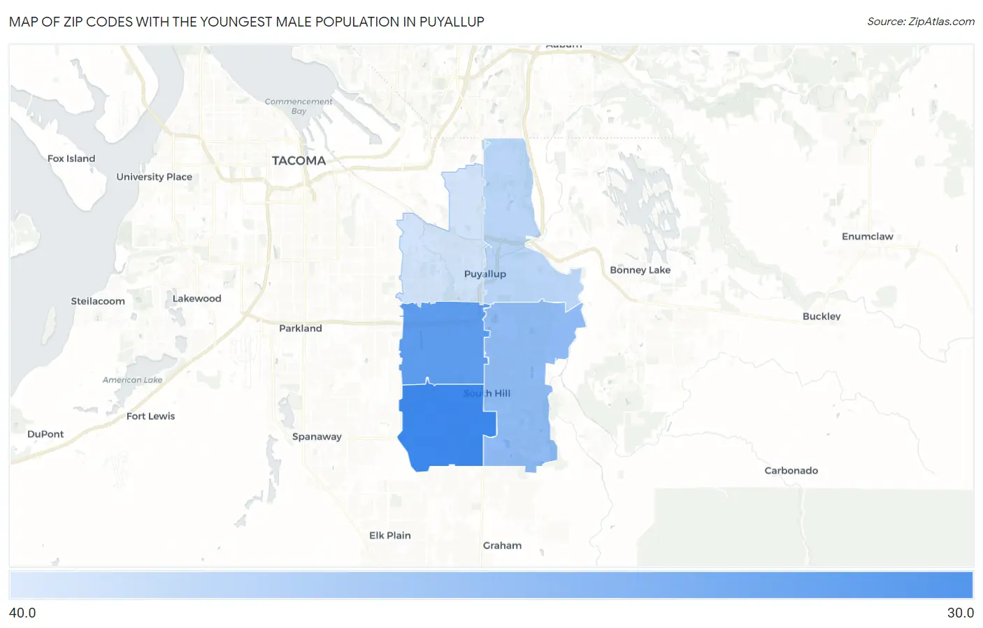 Zip Codes with the Youngest Male Population in Puyallup Map