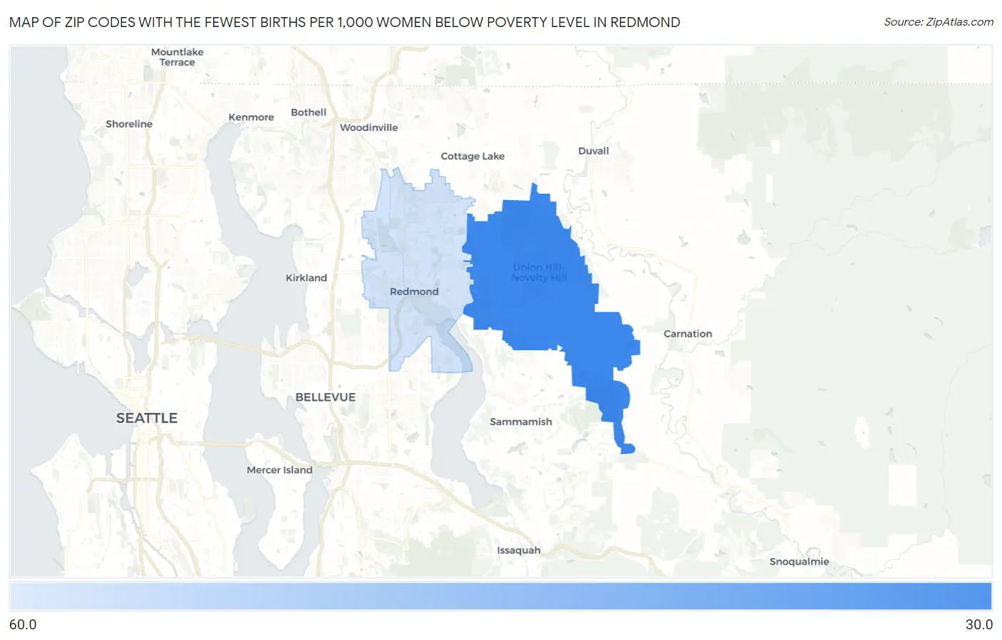 Zip Codes with the Fewest Births per 1,000 Women Below Poverty Level in Redmond Map