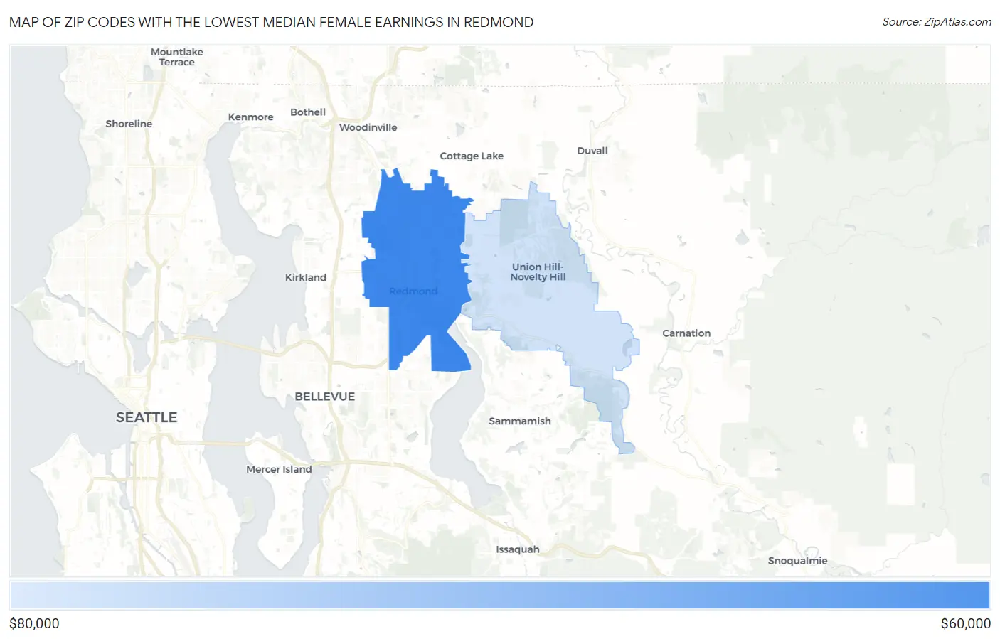 Zip Codes with the Lowest Median Female Earnings in Redmond Map