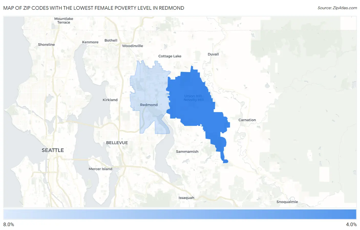 Zip Codes with the Lowest Female Poverty Level in Redmond Map