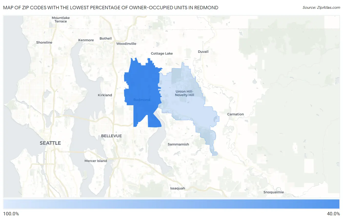 Zip Codes with the Lowest Percentage of Owner-Occupied Units in Redmond Map