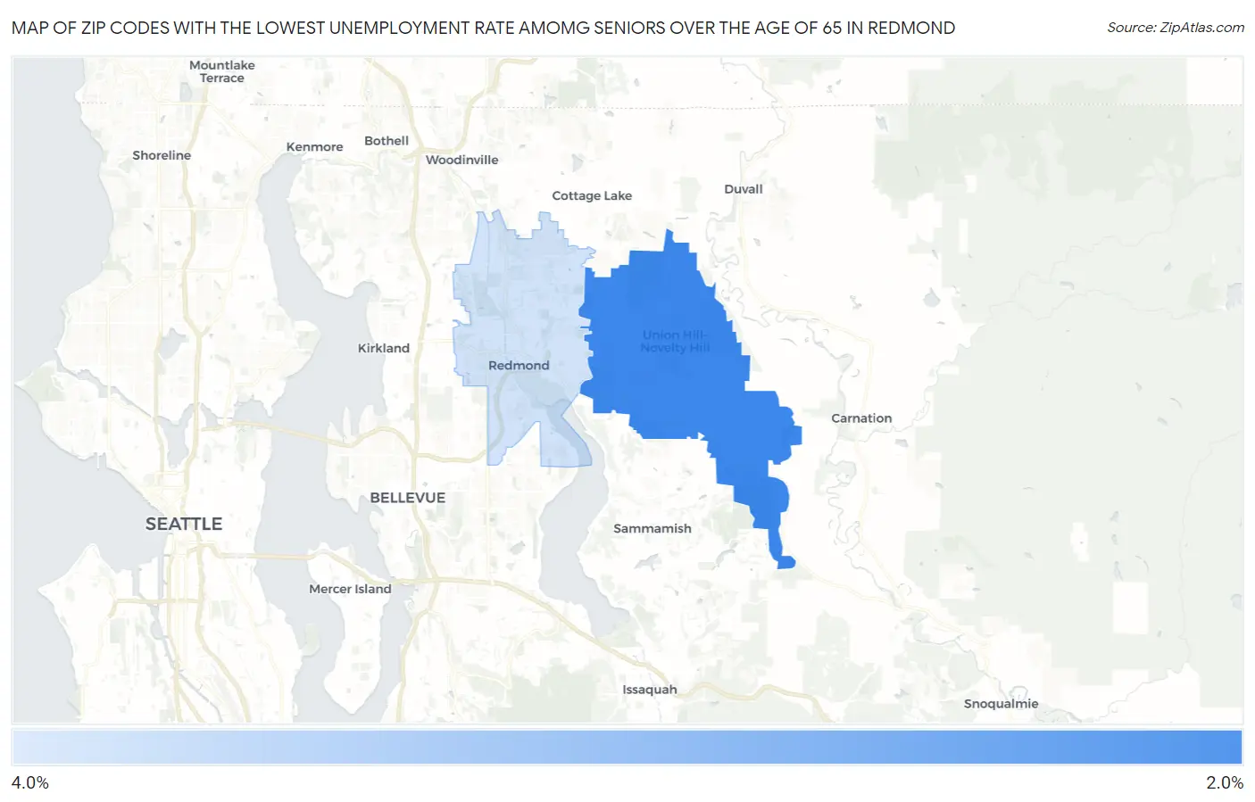 Zip Codes with the Lowest Unemployment Rate Amomg Seniors Over the Age of 65 in Redmond Map