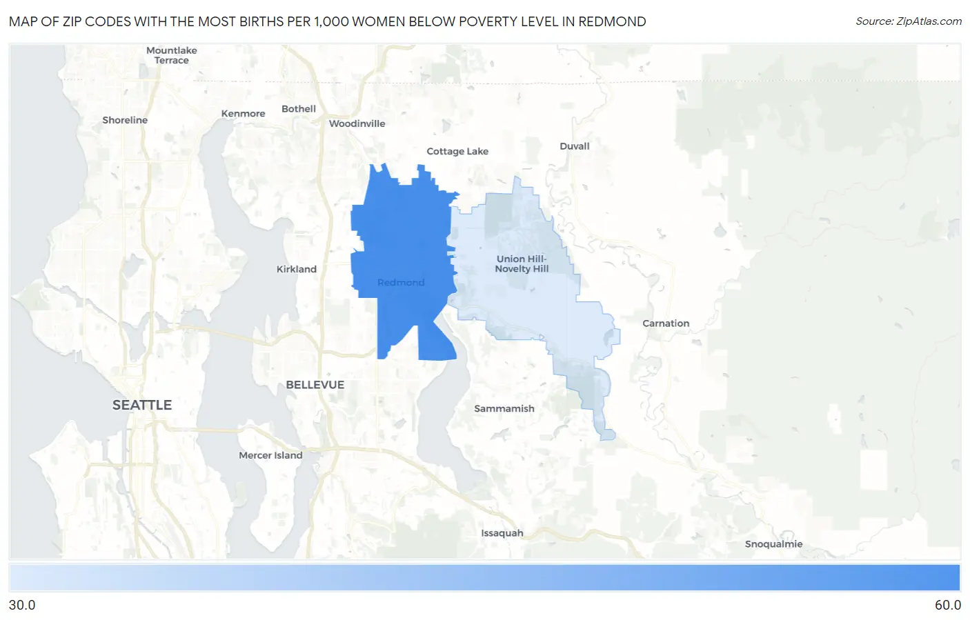 Zip Codes with the Most Births per 1,000 Women Below Poverty Level in Redmond Map
