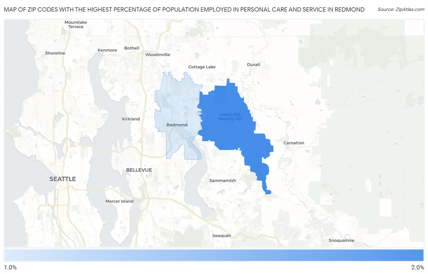 Zip Codes with the Highest Percentage of Population Employed in Personal Care and Service in Redmond Map