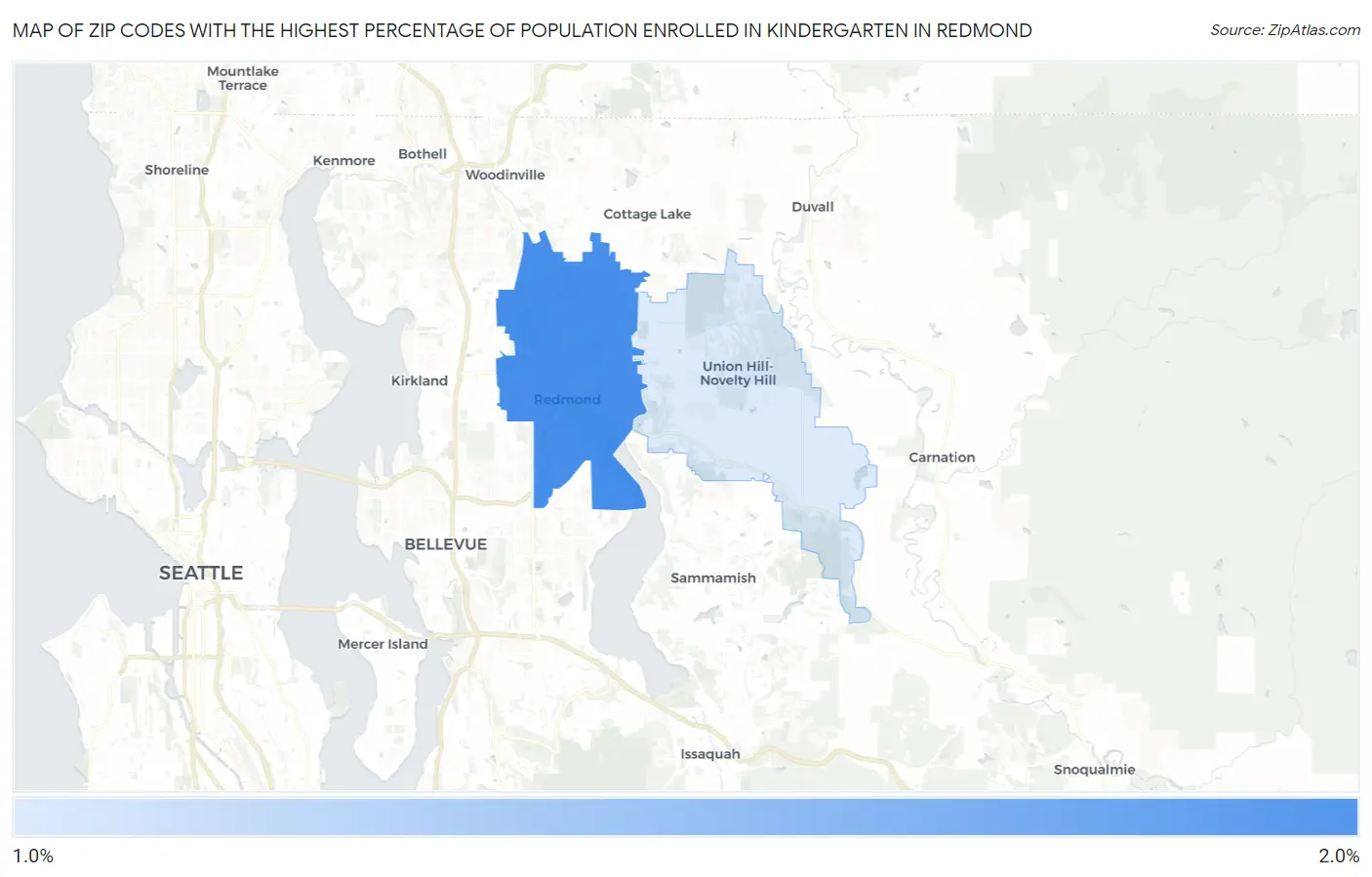 Zip Codes with the Highest Percentage of Population Enrolled in Kindergarten in Redmond Map