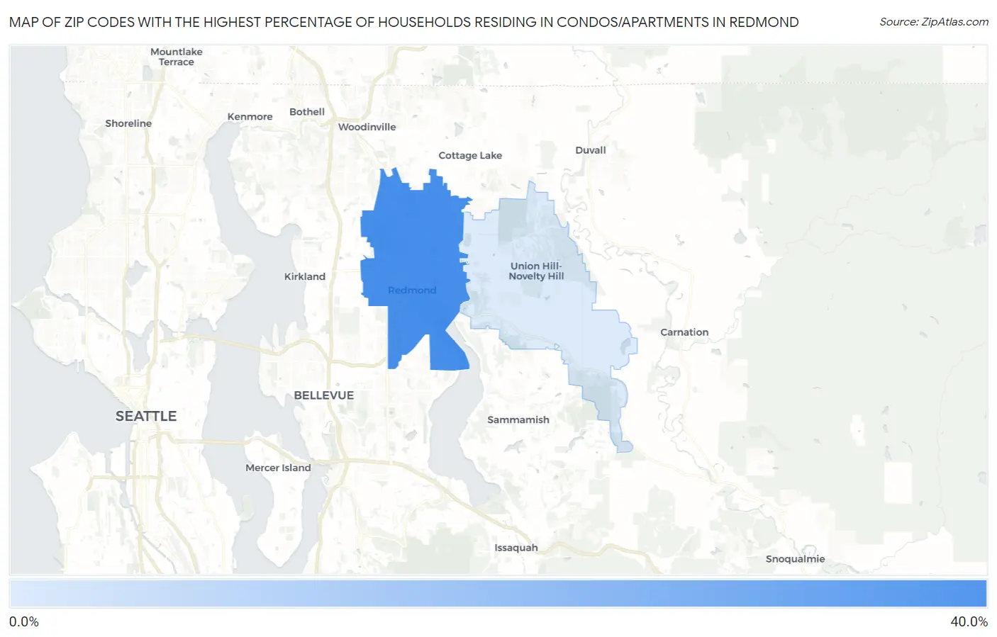 Zip Codes with the Highest Percentage of Households Residing in Condos/Apartments in Redmond Map