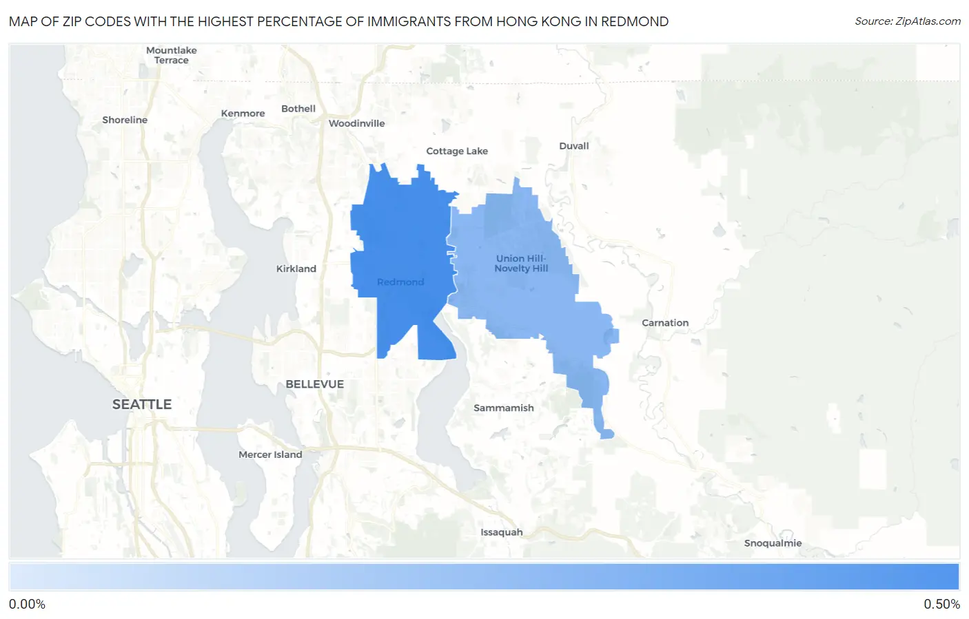 Zip Codes with the Highest Percentage of Immigrants from Hong Kong in Redmond Map