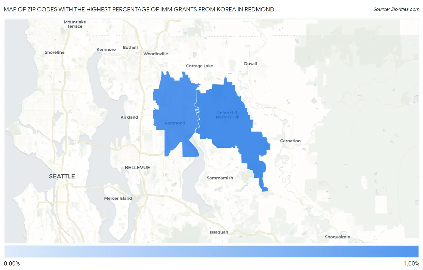 Zip Codes with the Highest Percentage of Immigrants from Korea in Redmond Map