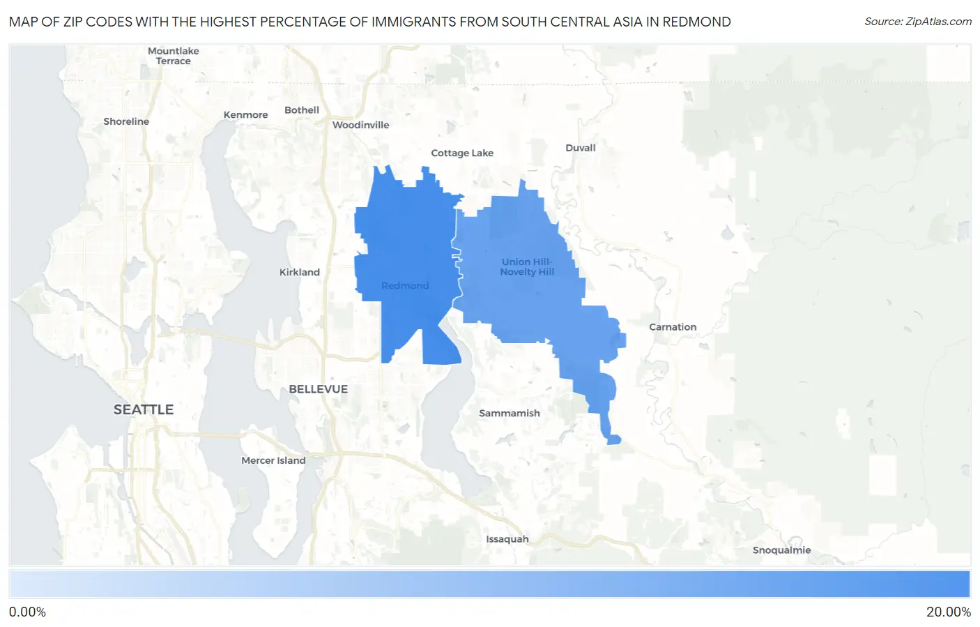 Zip Codes with the Highest Percentage of Immigrants from South Central Asia in Redmond Map