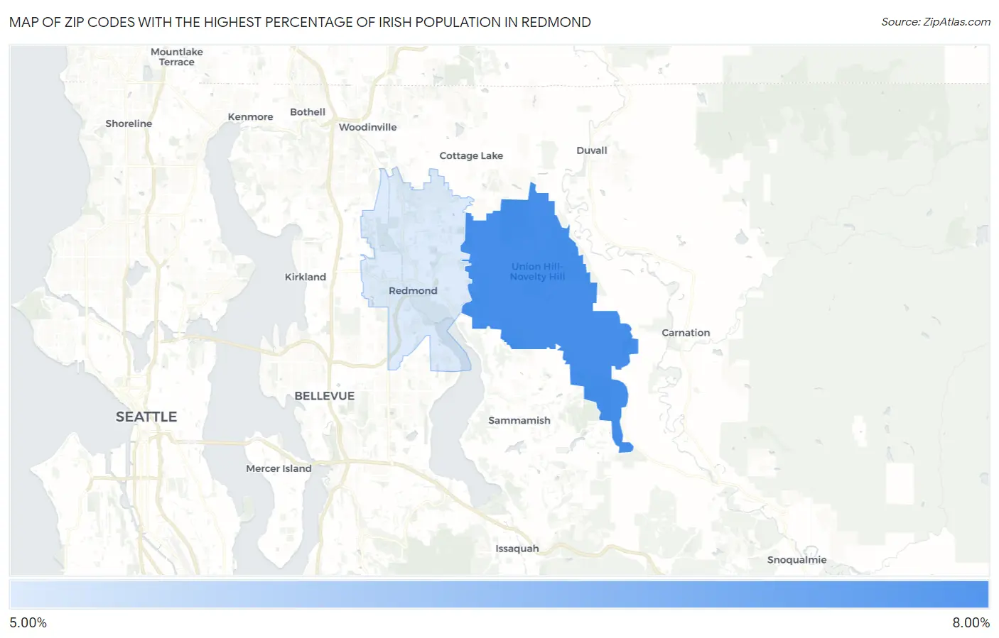 Zip Codes with the Highest Percentage of Irish Population in Redmond Map