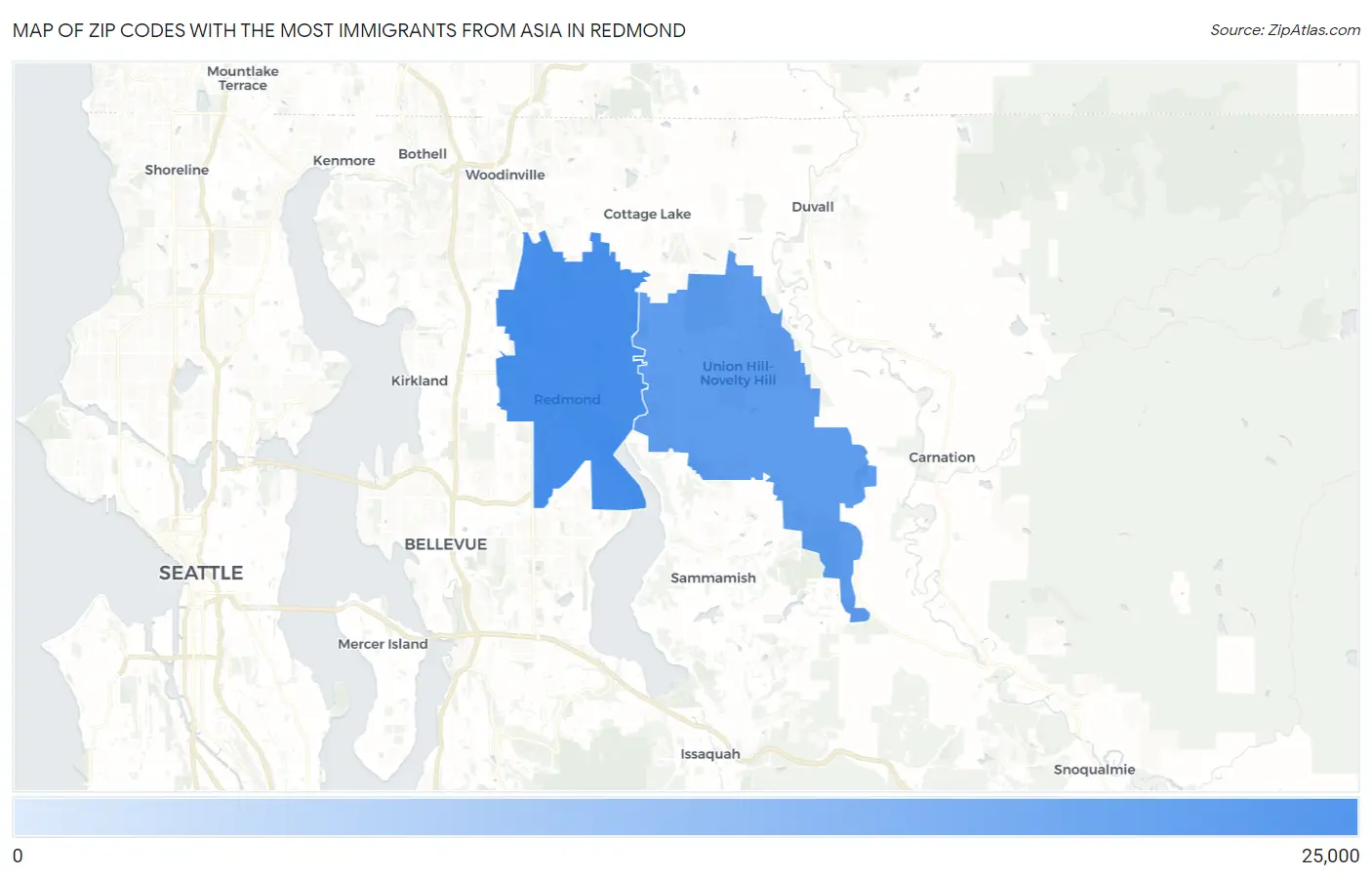 Zip Codes with the Most Immigrants from Asia in Redmond Map