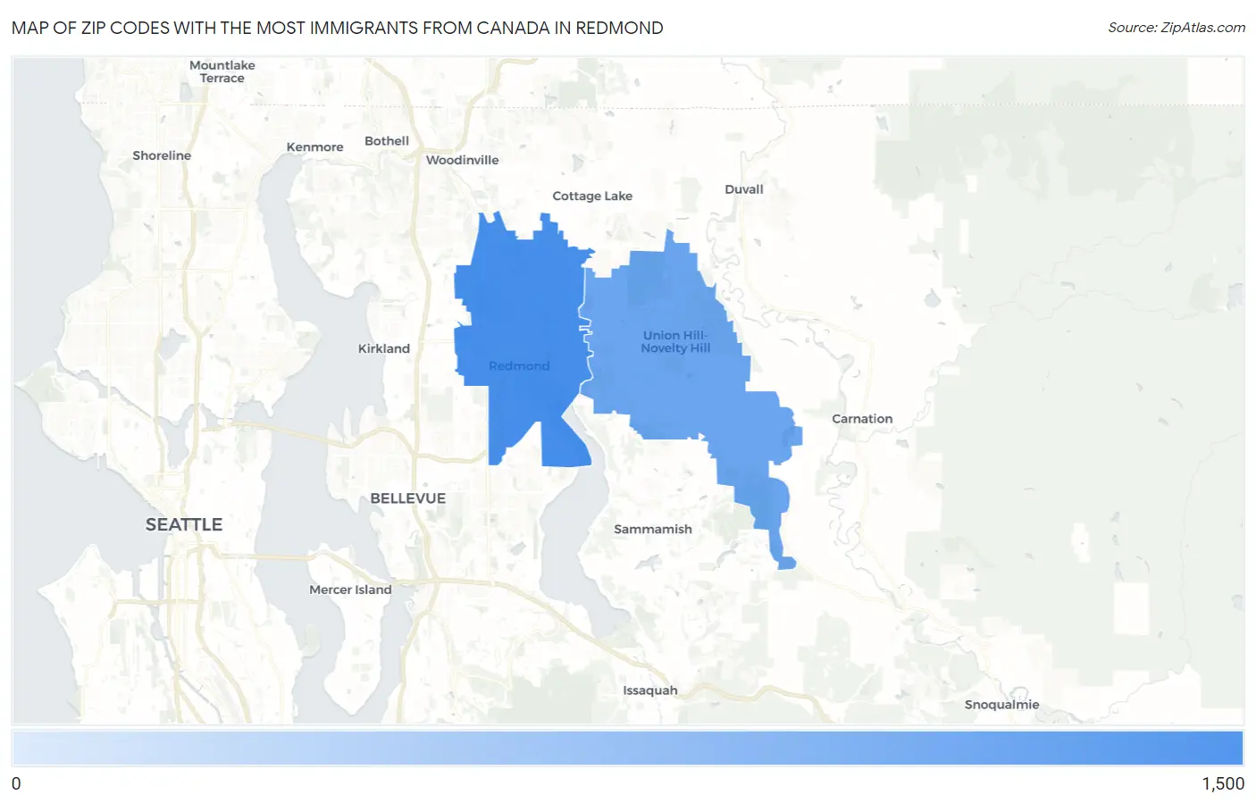 Zip Codes with the Most Immigrants from Canada in Redmond Map