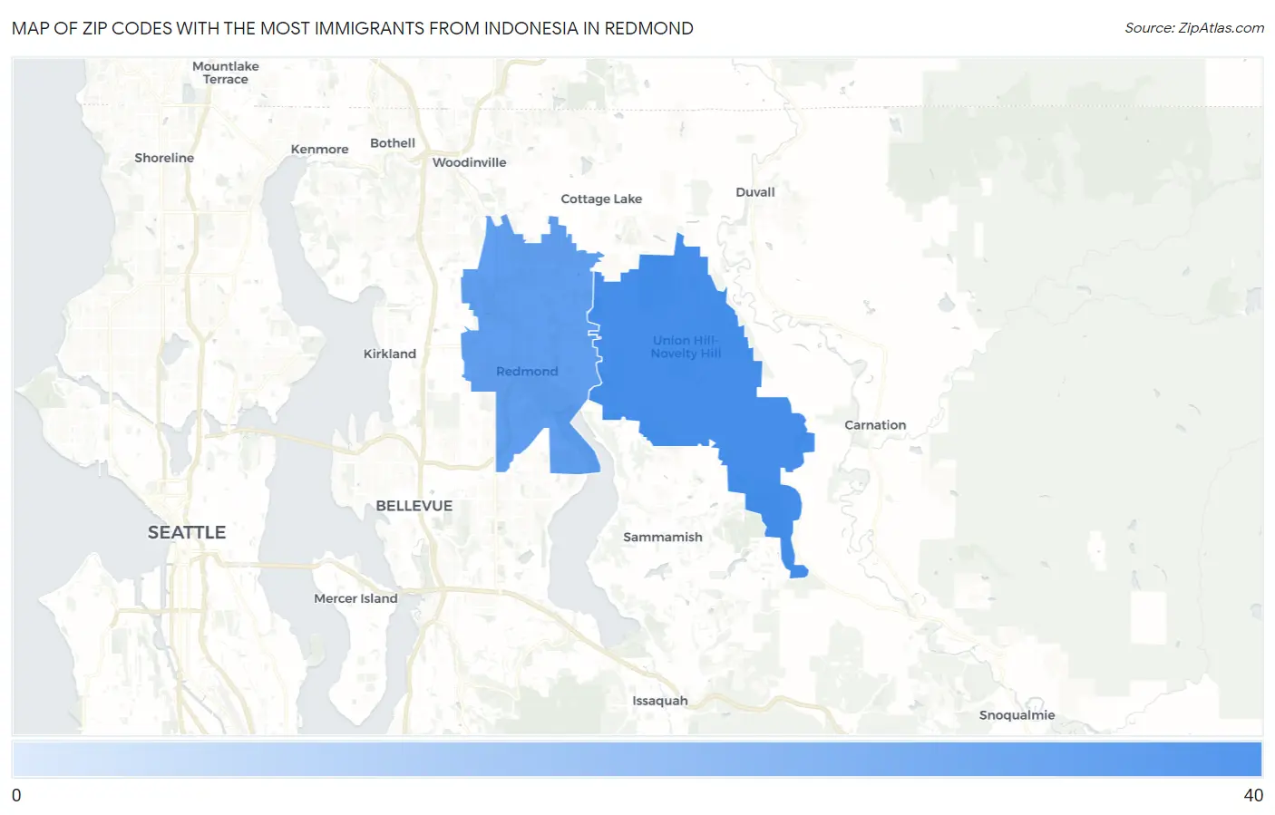 Zip Codes with the Most Immigrants from Indonesia in Redmond Map