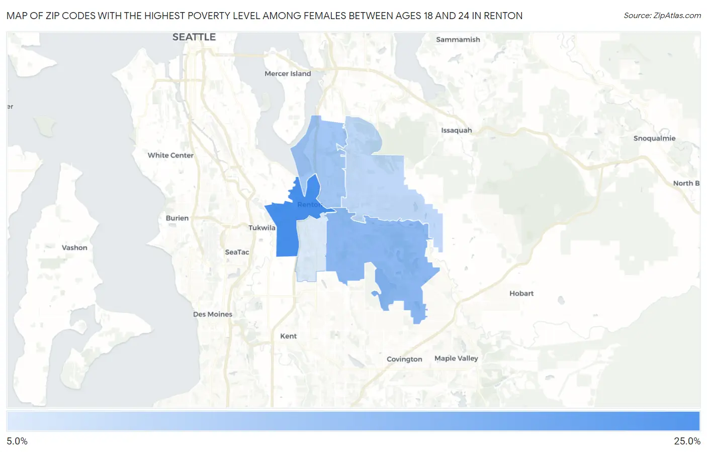 Zip Codes with the Highest Poverty Level Among Females Between Ages 18 and 24 in Renton Map