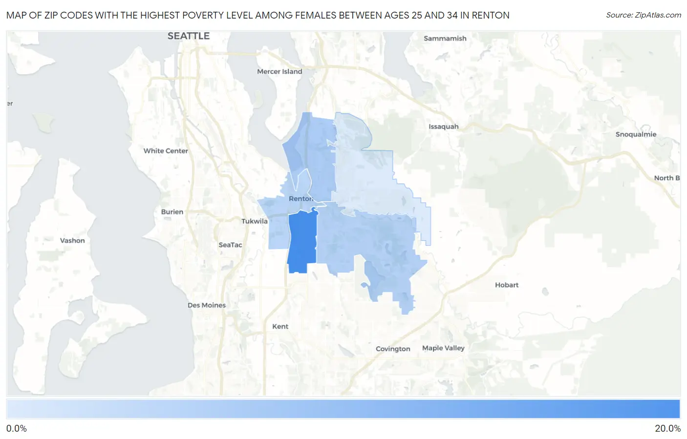 Zip Codes with the Highest Poverty Level Among Females Between Ages 25 and 34 in Renton Map