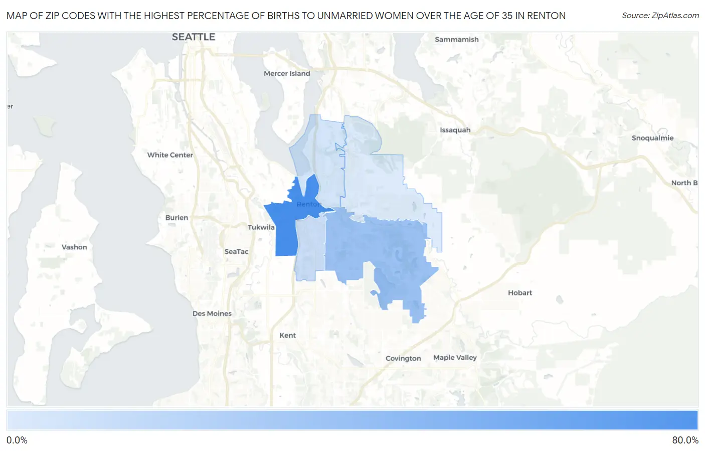Zip Codes with the Highest Percentage of Births to Unmarried Women over the Age of 35 in Renton Map