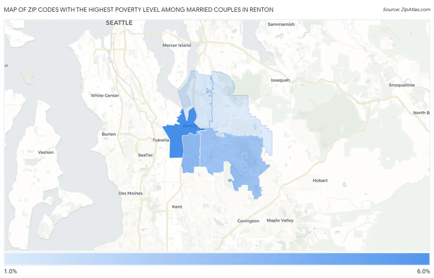 Zip Codes with the Highest Poverty Level Among Married Couples in Renton Map