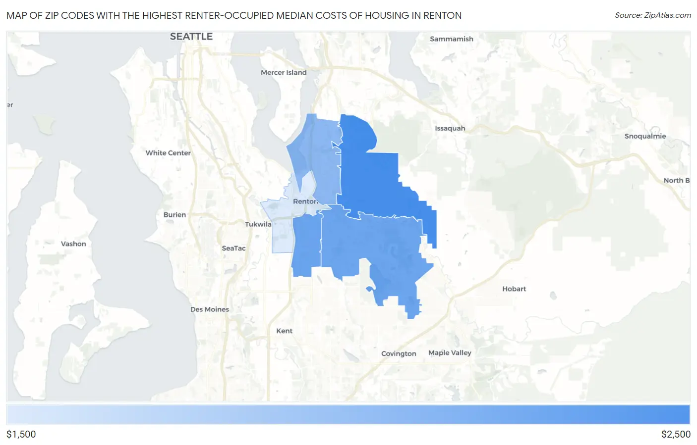 Zip Codes with the Highest Renter-Occupied Median Costs of Housing in Renton Map