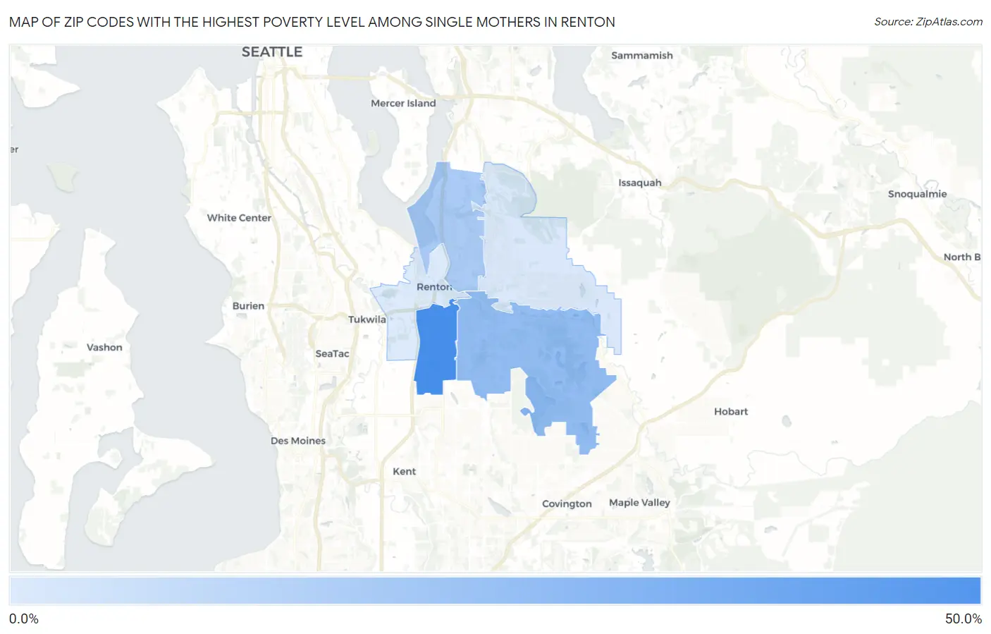 Zip Codes with the Highest Poverty Level Among Single Mothers in Renton Map
