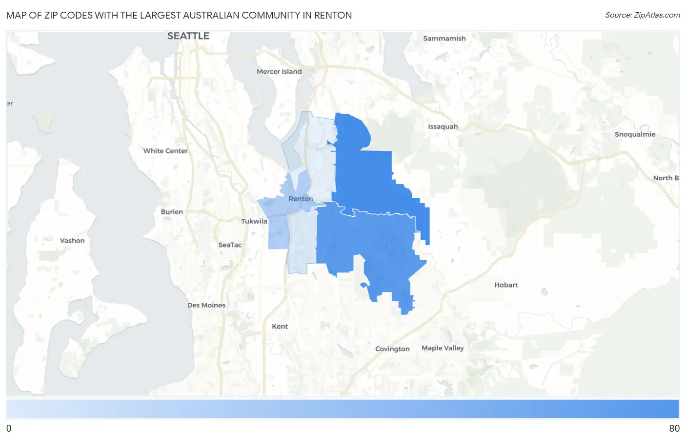 Zip Codes with the Largest Australian Community in Renton Map