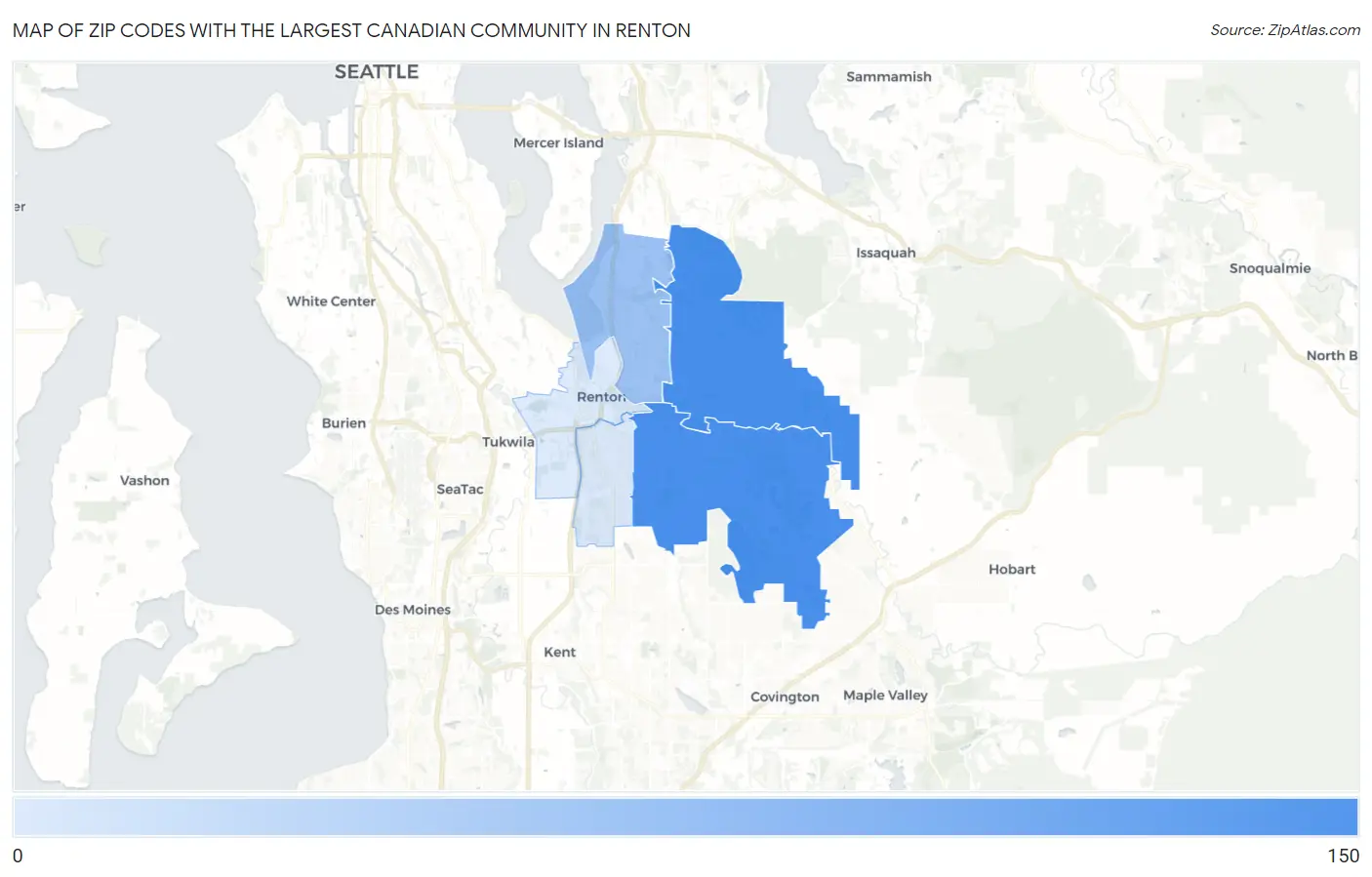 Zip Codes with the Largest Canadian Community in Renton Map