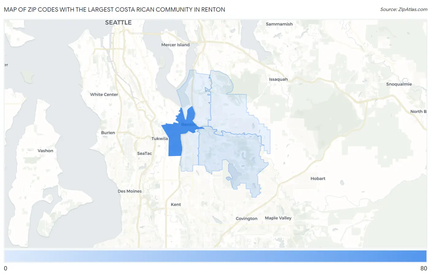 Zip Codes with the Largest Costa Rican Community in Renton Map