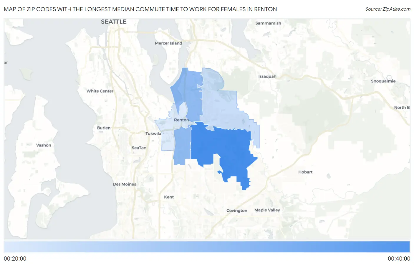 Zip Codes with the Longest Median Commute Time to Work for Females in Renton Map
