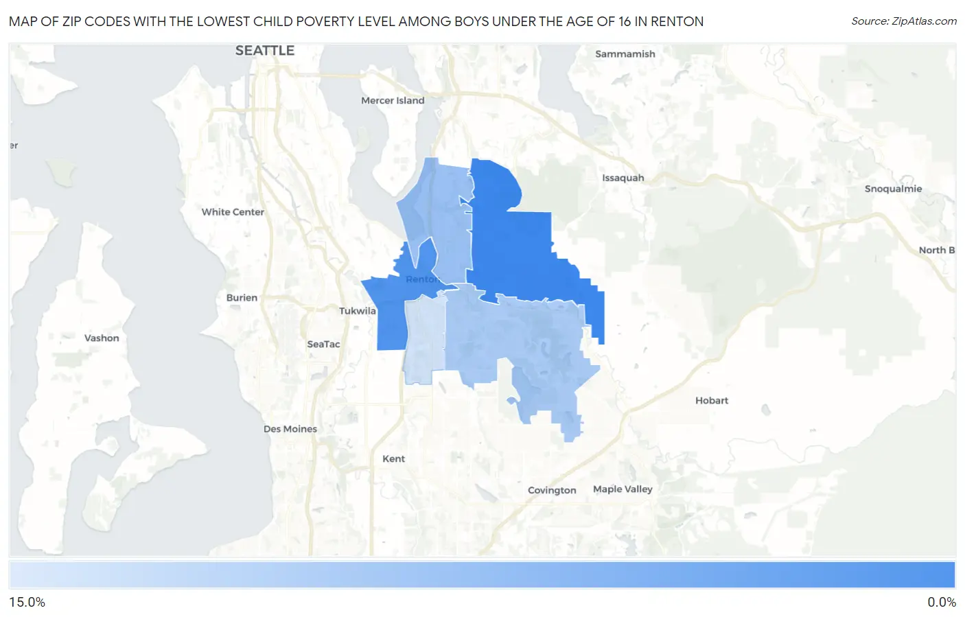 Zip Codes with the Lowest Child Poverty Level Among Boys Under the Age of 16 in Renton Map