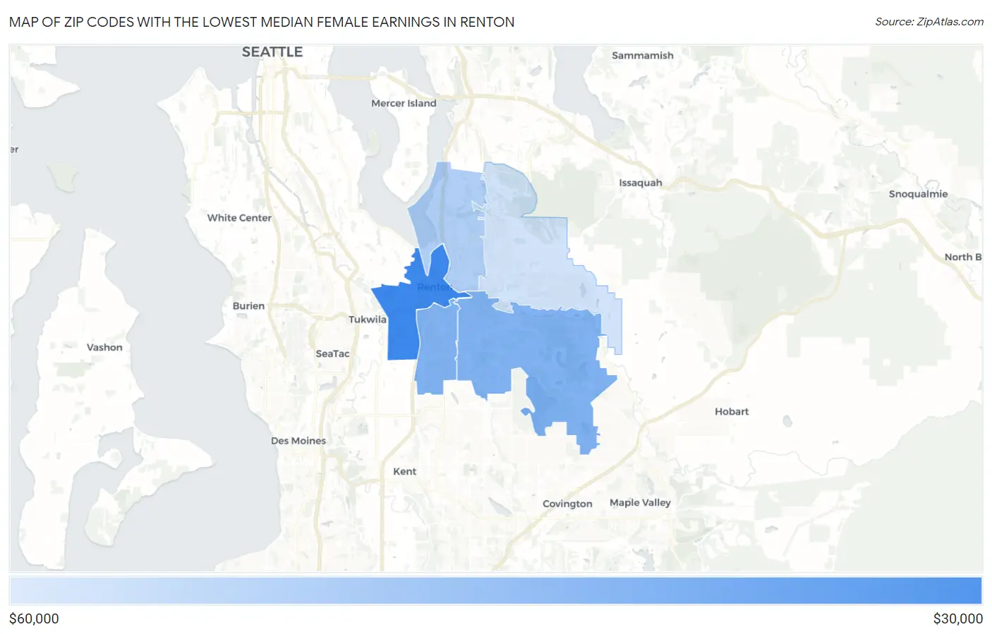 Zip Codes with the Lowest Median Female Earnings in Renton Map