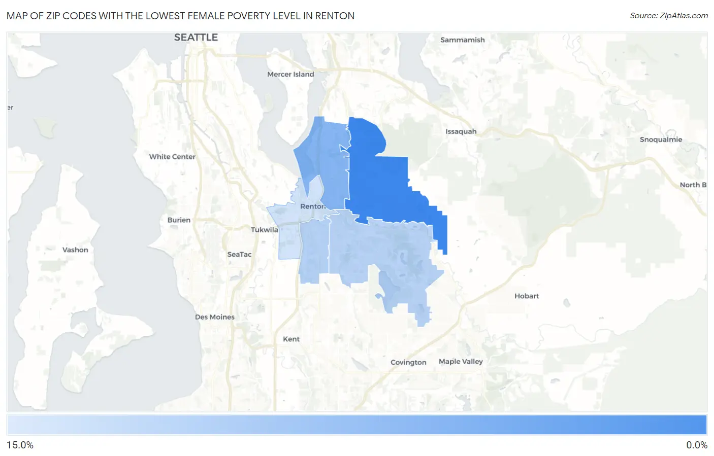Zip Codes with the Lowest Female Poverty Level in Renton Map