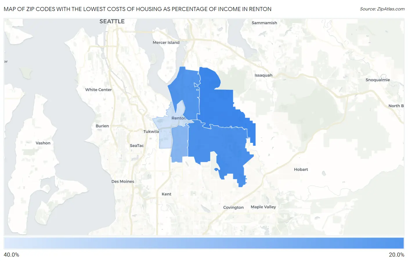Zip Codes with the Lowest Costs of Housing as Percentage of Income in Renton Map