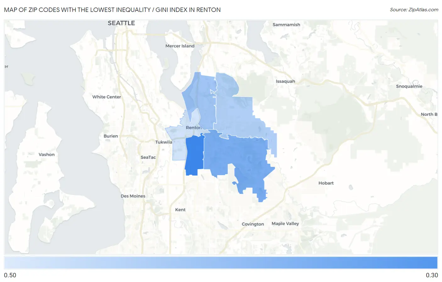 Zip Codes with the Lowest Inequality / Gini Index in Renton Map
