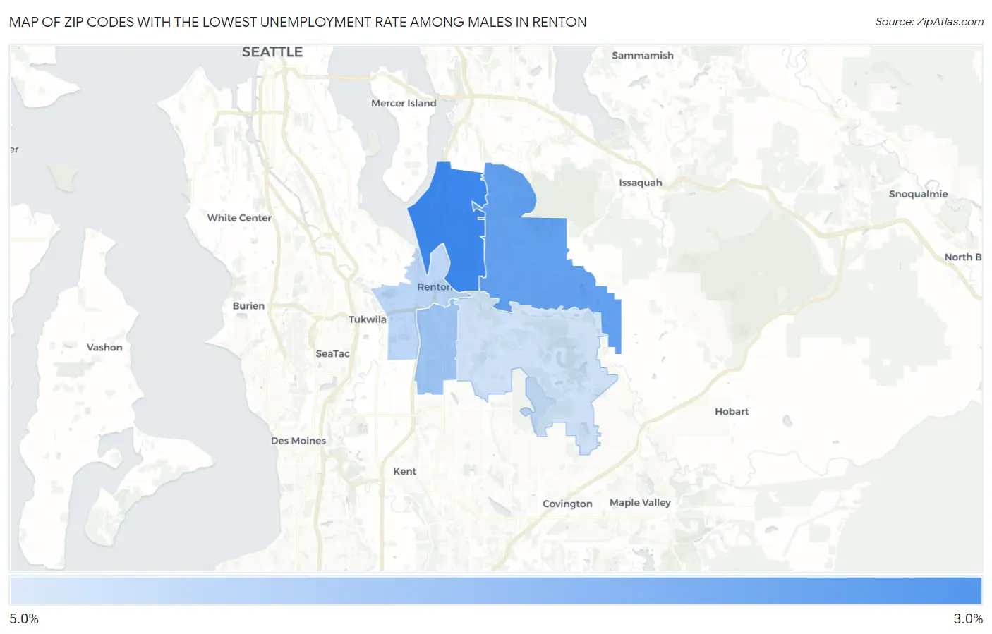 Zip Codes with the Lowest Unemployment Rate Among Males in Renton Map