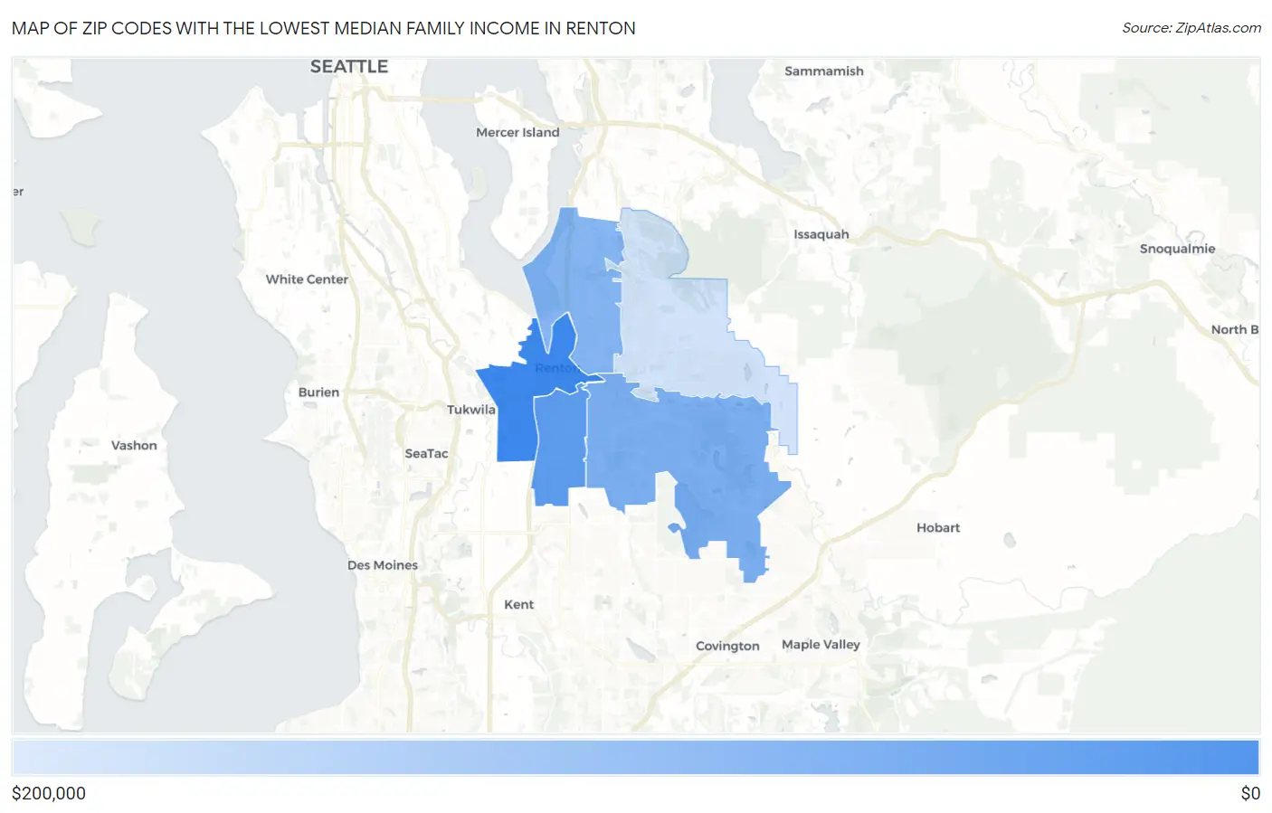 Zip Codes with the Lowest Median Family Income in Renton Map