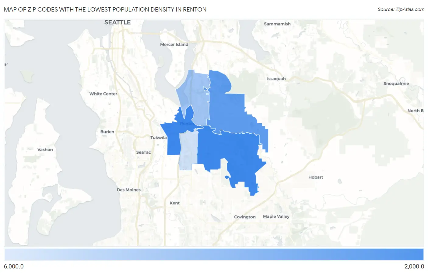 Zip Codes with the Lowest Population Density in Renton Map