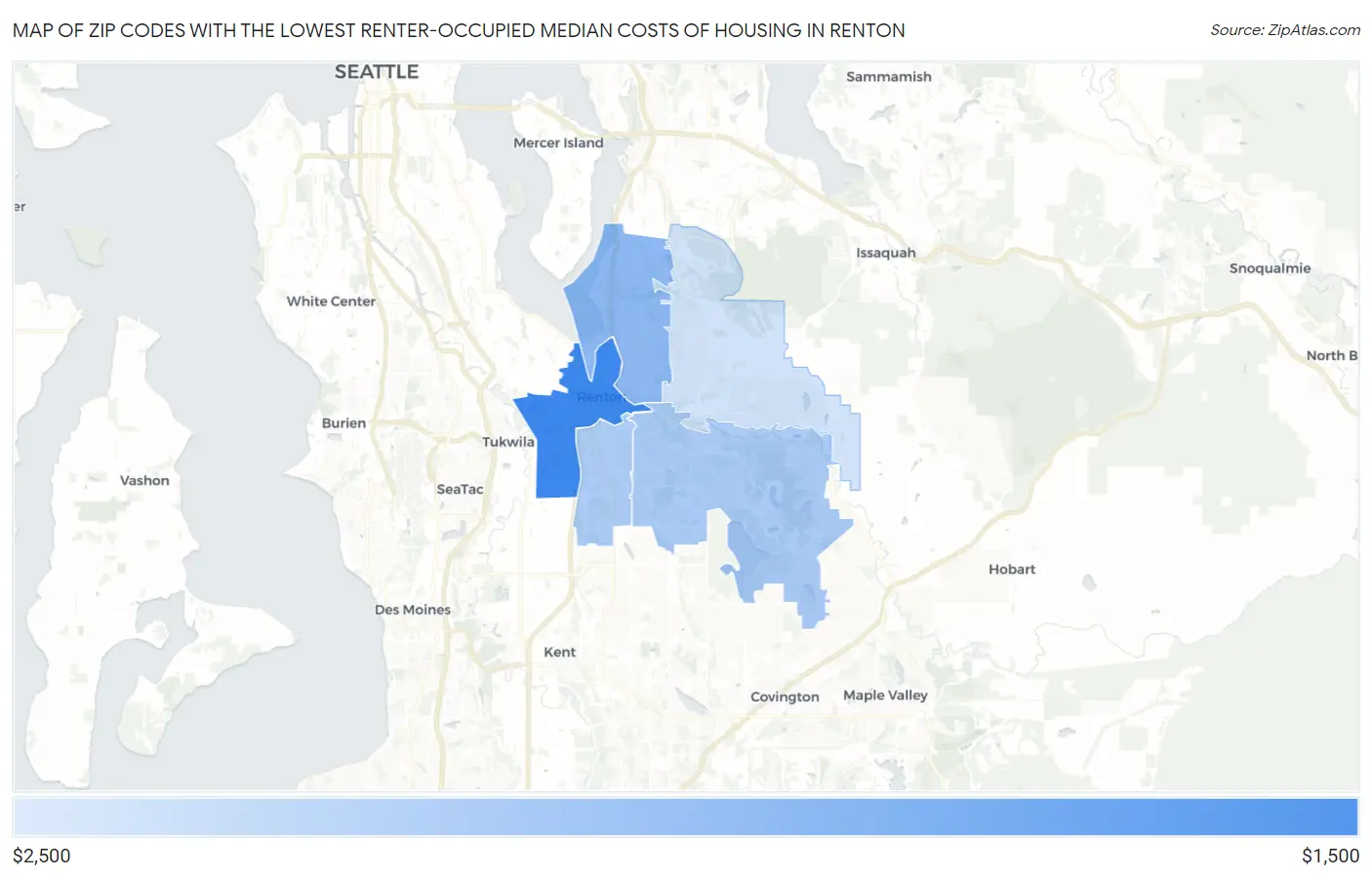 Zip Codes with the Lowest Renter-Occupied Median Costs of Housing in Renton Map