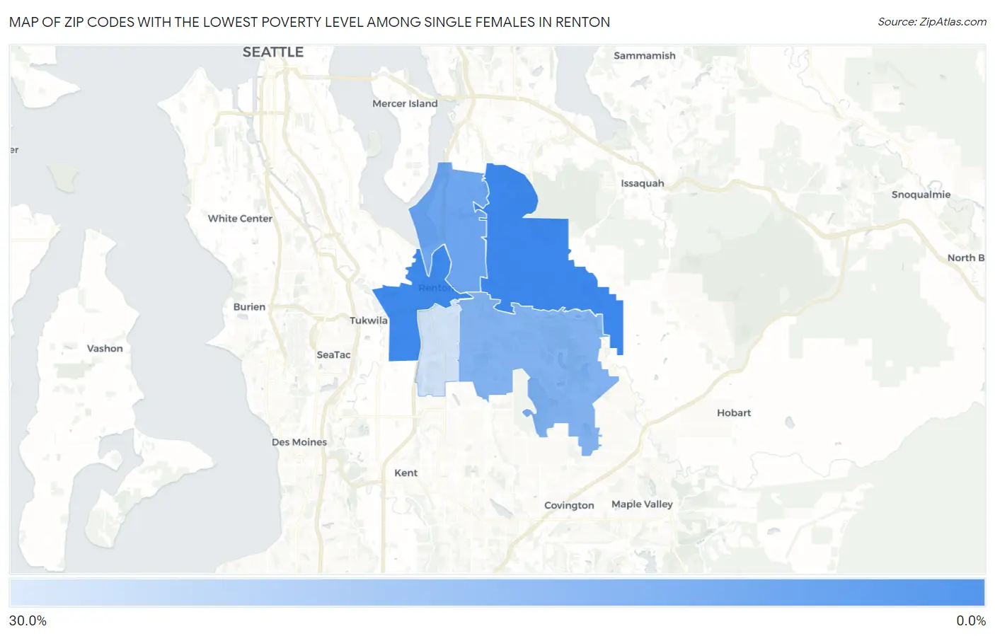 Zip Codes with the Lowest Poverty Level Among Single Females in Renton Map