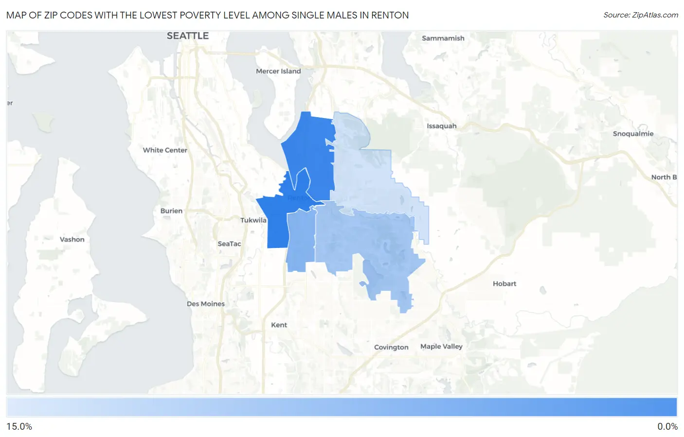Zip Codes with the Lowest Poverty Level Among Single Males in Renton Map