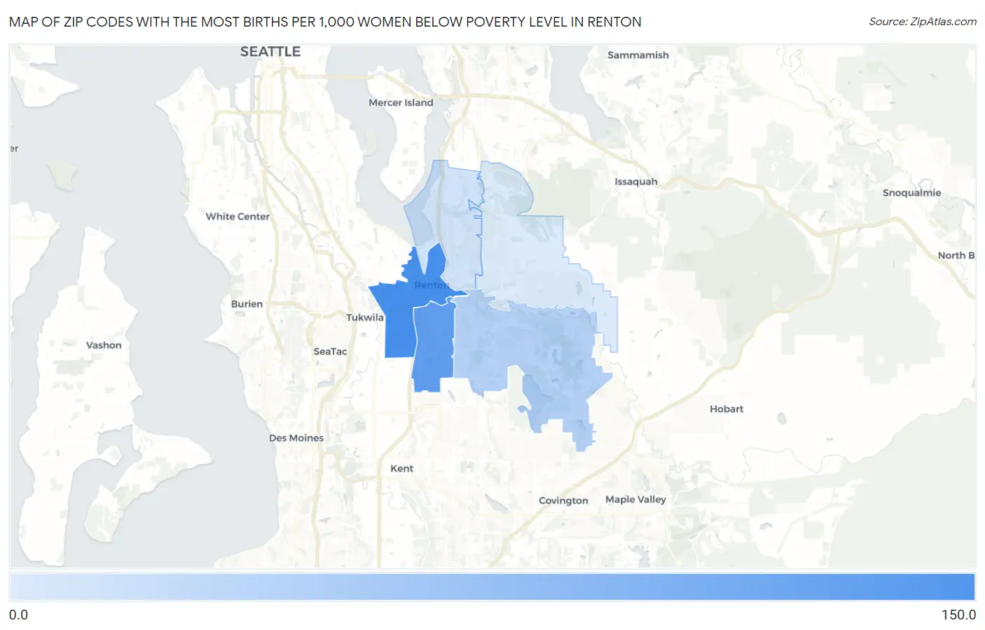 Zip Codes with the Most Births per 1,000 Women Below Poverty Level in Renton Map