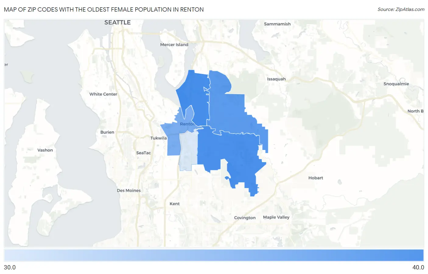 Zip Codes with the Oldest Female Population in Renton Map