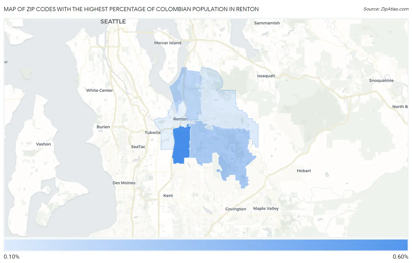 Zip Codes with the Highest Percentage of Colombian Population in Renton Map