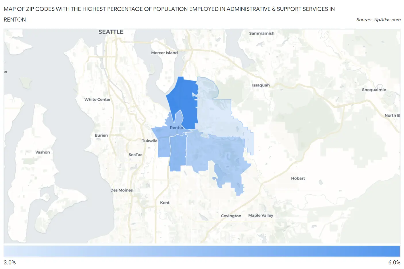 Zip Codes with the Highest Percentage of Population Employed in Administrative & Support Services in Renton Map