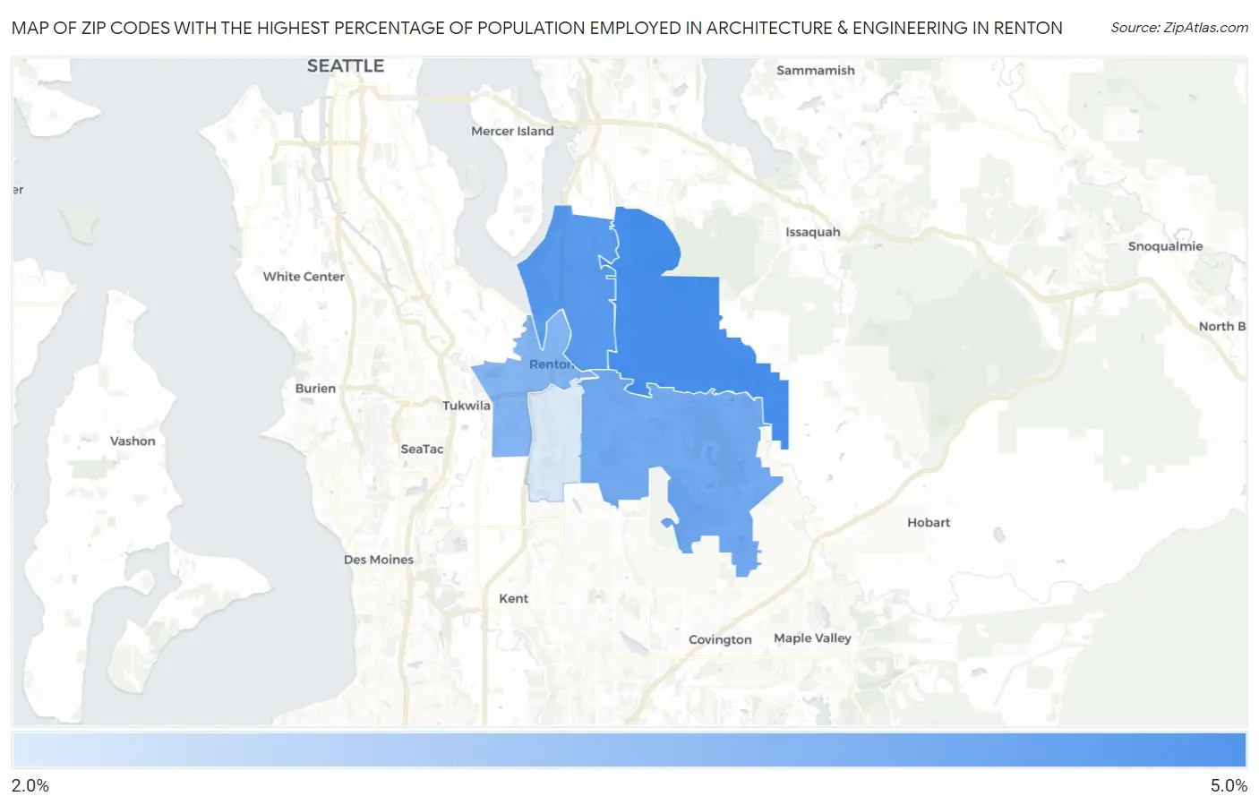 Zip Codes with the Highest Percentage of Population Employed in Architecture & Engineering in Renton Map