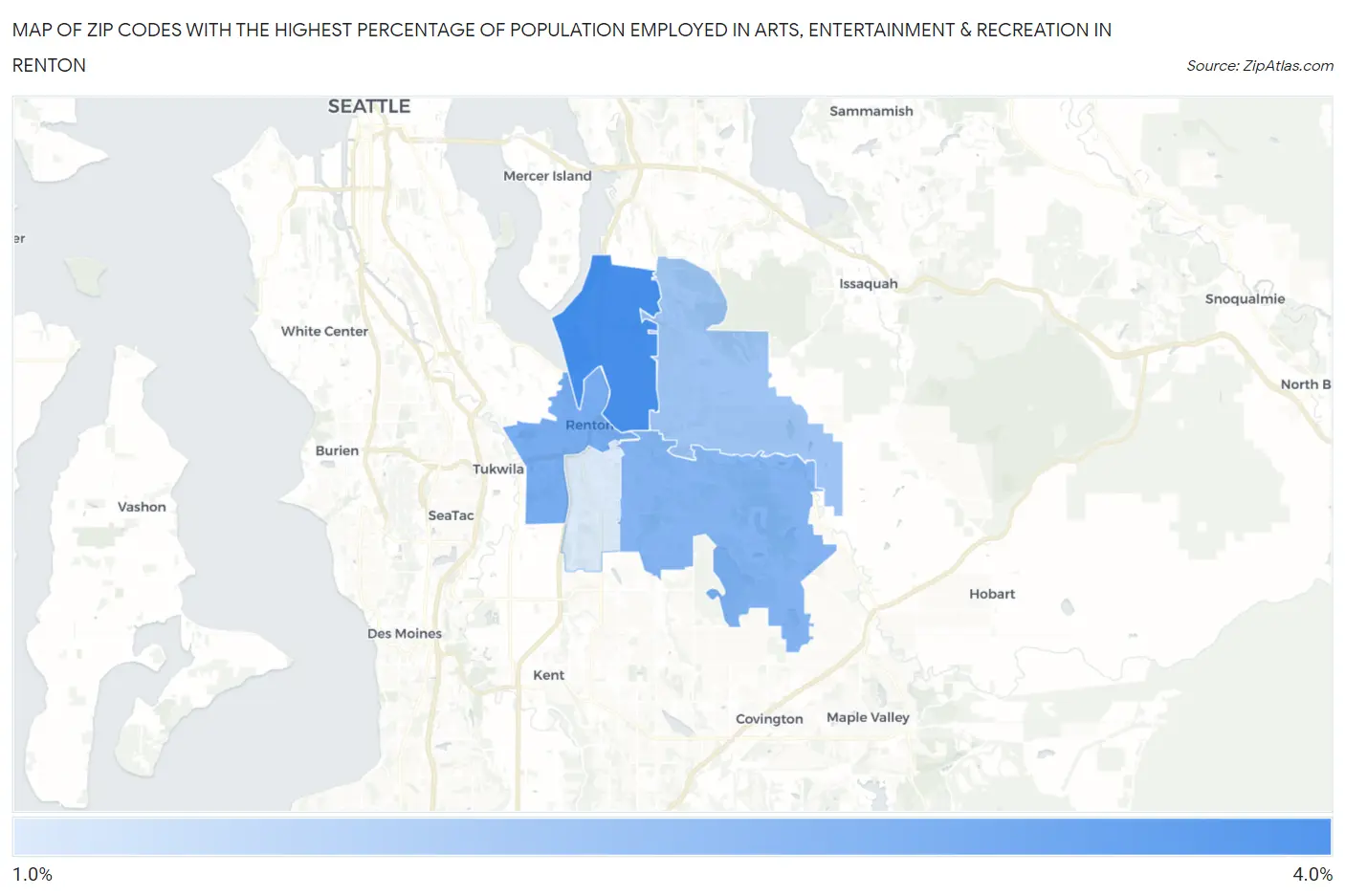 Zip Codes with the Highest Percentage of Population Employed in Arts, Entertainment & Recreation in Renton Map