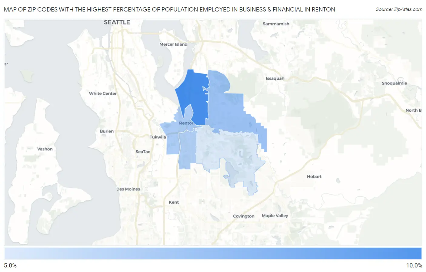 Zip Codes with the Highest Percentage of Population Employed in Business & Financial in Renton Map